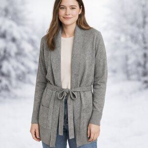 Isaac Mizrahi SZ M 100% Cashmere Sweater–Shawl Collar-Waist Tie-Pockets-Gray